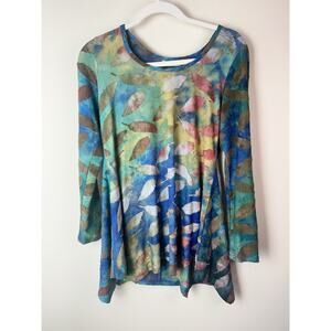 Soft Surroundings Womens XS Long Sleeve Tunic Top Blue Ombre Asymmetrical Leaves
